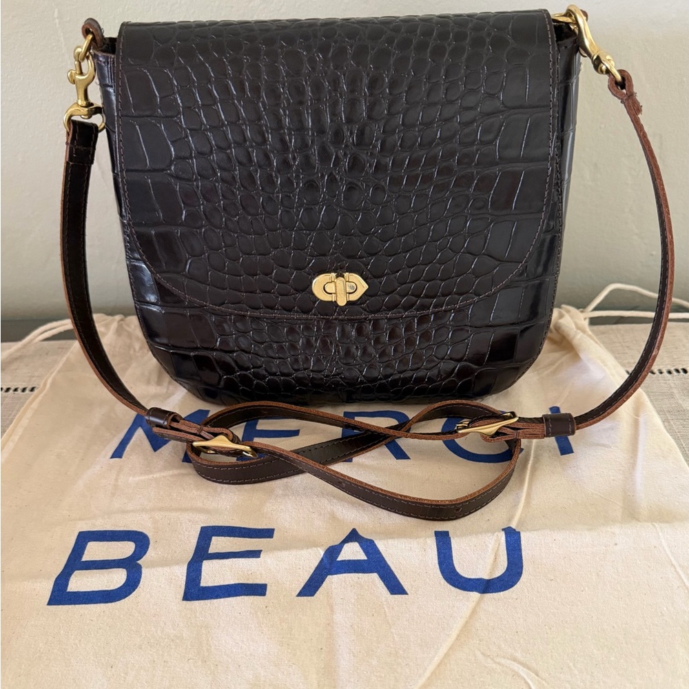 Clare V Dark Brown Croc-Embossed Leather Crossbody Bag with Gold Hardware